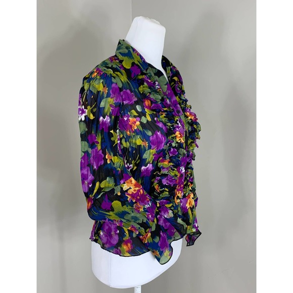 Vintage 90s Y2k Dark Floral Crinkle Blouse GlamRock Bold Peplum Indie Goth Punk - Picture 2 of 11